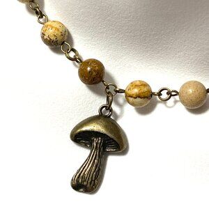Genuine Yellow Picture Jasper Short Necklace, Bronze Slim Mushroom + Gemstone